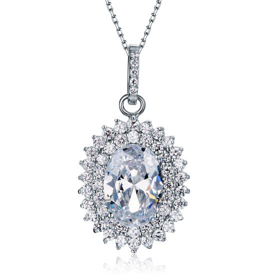 Oval Cut Created Diamond Sterling Silver Flower Pendant Necklace2