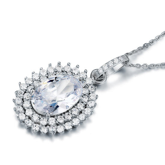Oval Cut Created Diamond Sterling Silver Flower Pendant Necklace3